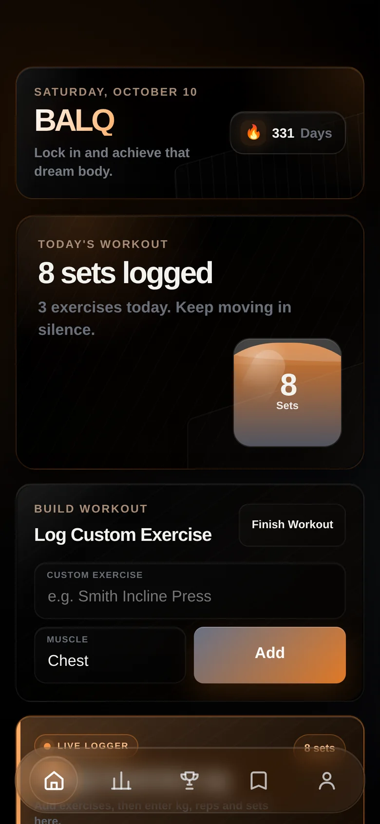 BALQ home screen with streak and today's workout
