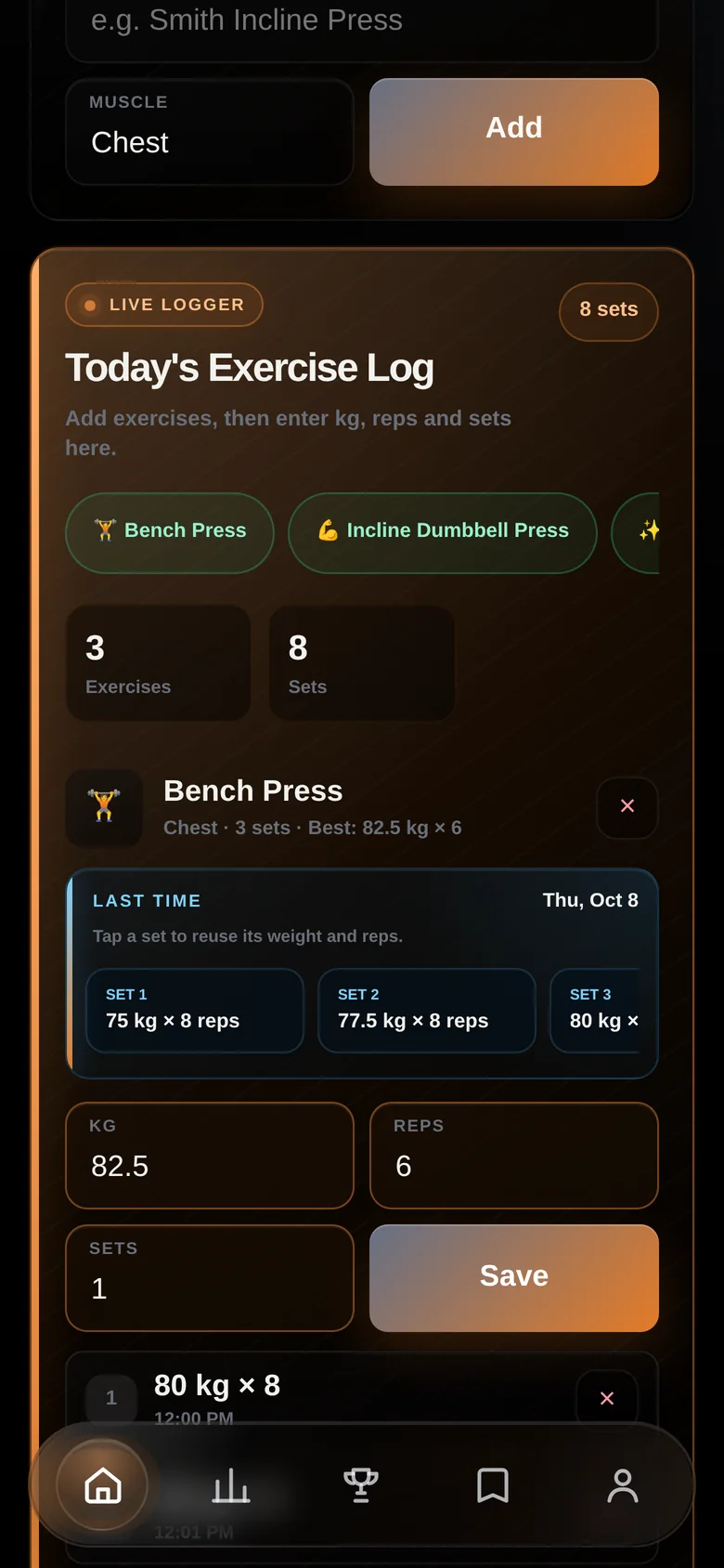 BALQ live workout logger with sets, kg and reps
