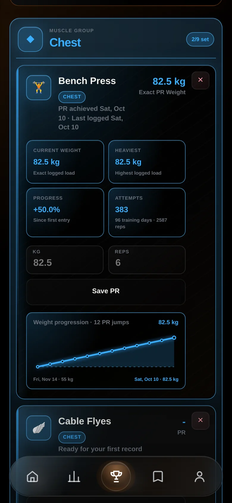 BALQ PR board with weight progression chart